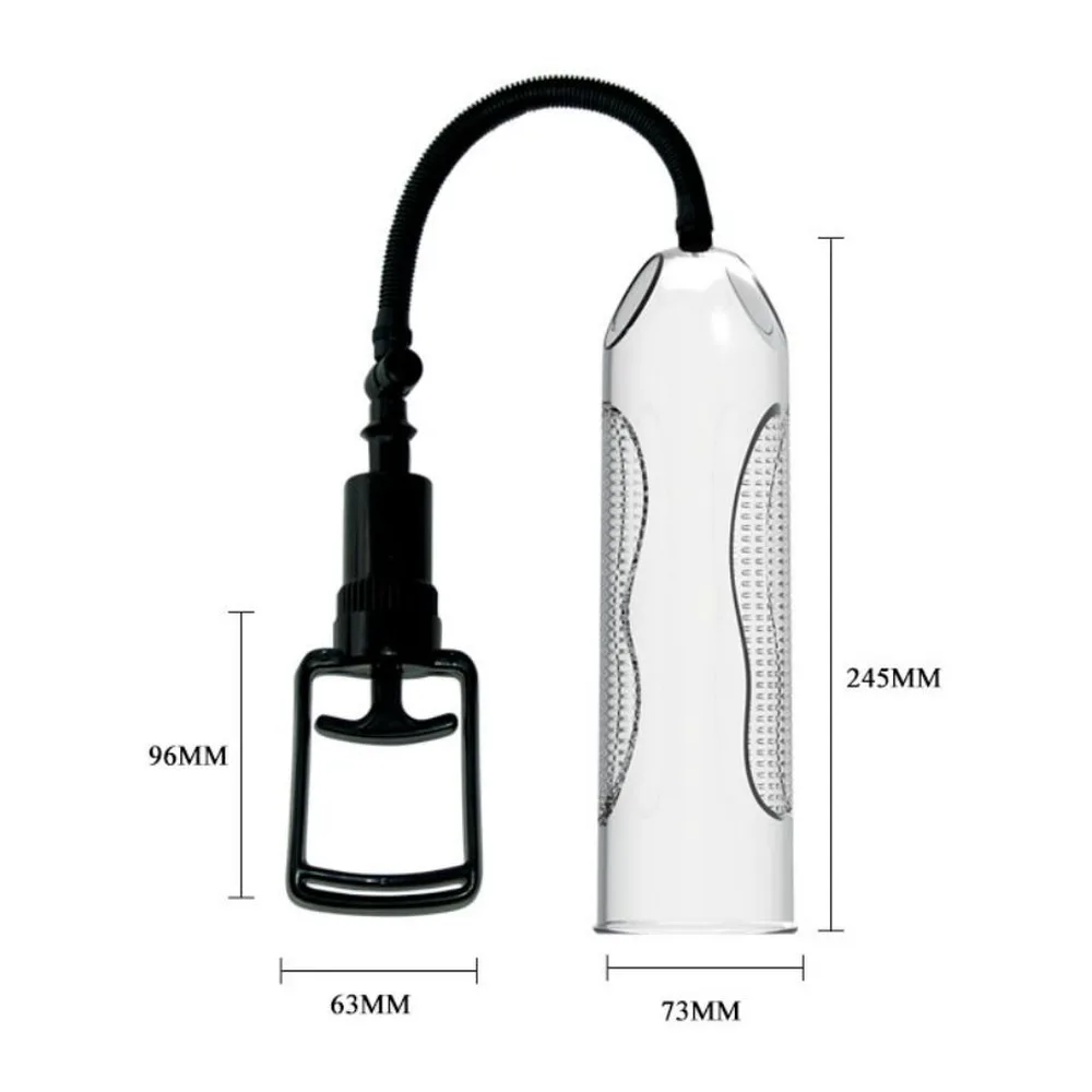Pompe à pénis en acrylique transparent avec cylindre à motif de grille, motorisation noire et tuyau flexible noir équipé d'une poignée d'aspiration, sur fond blanc