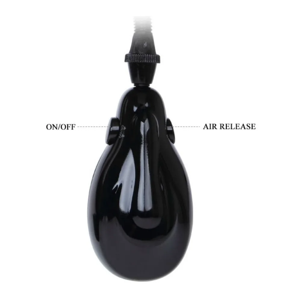Pompe à pénis automatique noire avec manomètre, dotée d'un bouton ON/OFF et d'une soupape d'air release, sur fond blanc