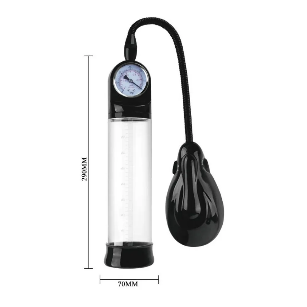 Pompe à pénis automatique noire avec manomètre, dotée d'un bouton ON/OFF et d'une soupape d'air release, sur fond blanc