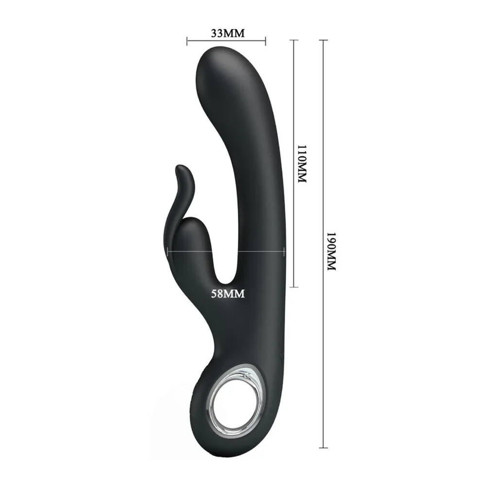 Vibromasseur noir en silicone avec tête courbe, trois boutons de commande marqués pour augmenter/diminuer l'intensité et marche/arrêt, fond blanc
