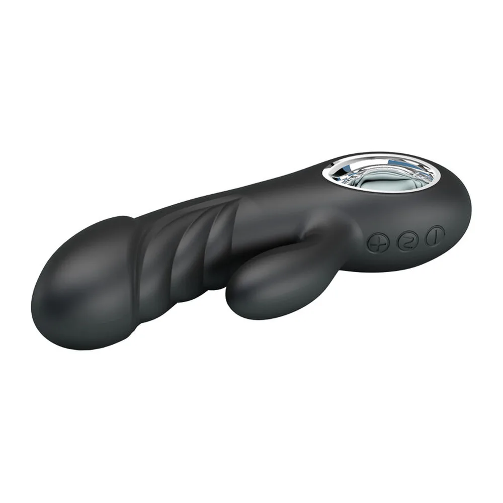 Schéma de dimensions du stimulateur clitoridien noir en silicone : 158 mm de hauteur totale, 34 mm de largeur, bras de stimulation de 58 mm, cercle de recharge visible en bas