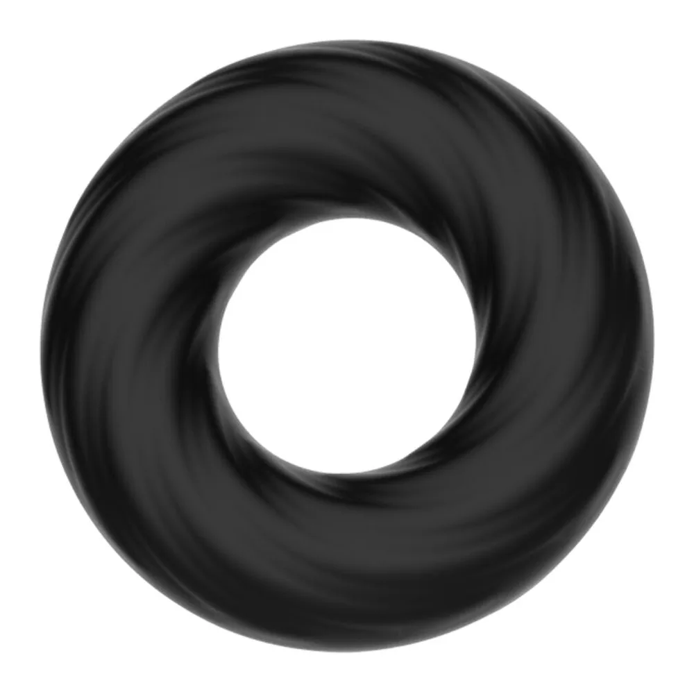 Anneau Spirale en silicone noir, de forme allongée et arrondie avec surface lisse et brillante, sur fond blanc