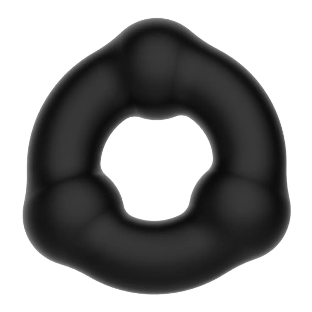 Cockring en silicone noir avec trois nodules bombés espacés sur sa longueur, structure tubulaire souple sur fond blanc