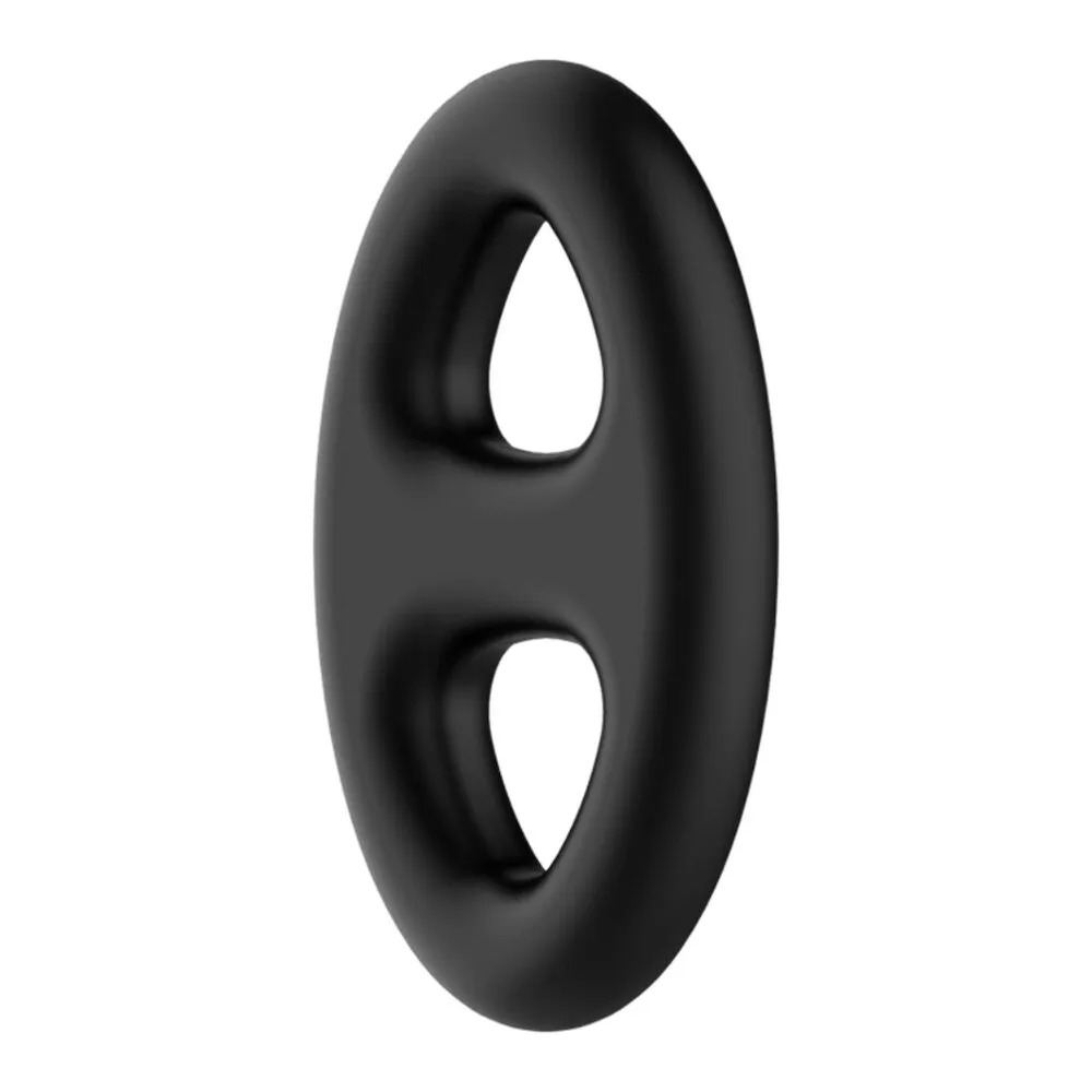 Bague en silicone noir de forme allongée avec extrémités arrondies, posée sur fond blanc