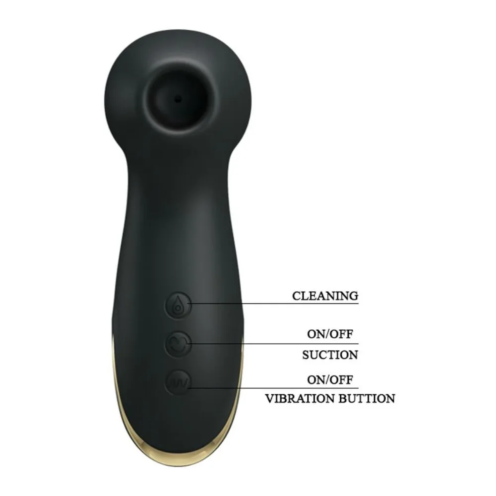 Stimulateur clitoridien noir en silicone avec embout arrondi, quatre boutons de commande (nettoyage, marche/arrêt aspiration, aspiration, vibration) et détails dorés à la base, sur fond blanc avec schéma technique