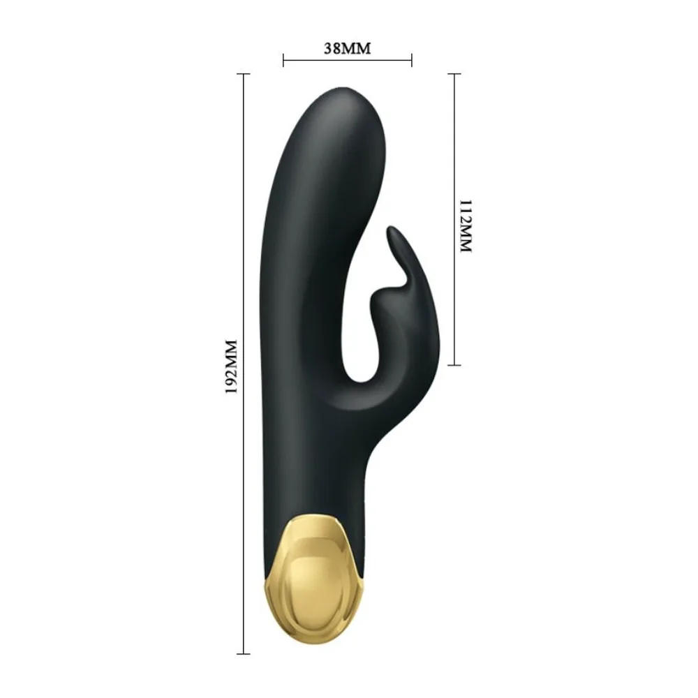 Vibromasseur noir avec stimulateur de lapin et corps principal courbé, embout doré en bas, sur fond blanc