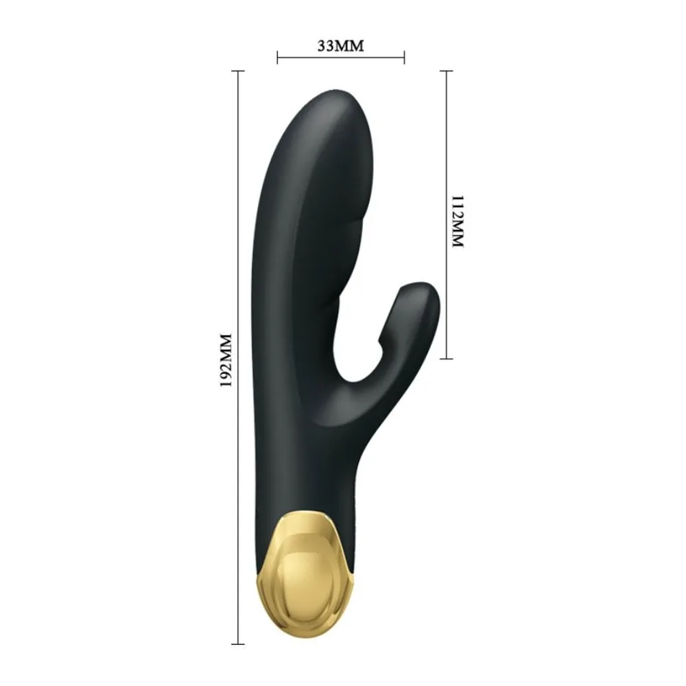 Schéma de dimensions d'un stimulateur noir avec embout doré, montrant 192 mm de longueur totale, 112 mm de hauteur d'embout et 33 mm de largeur