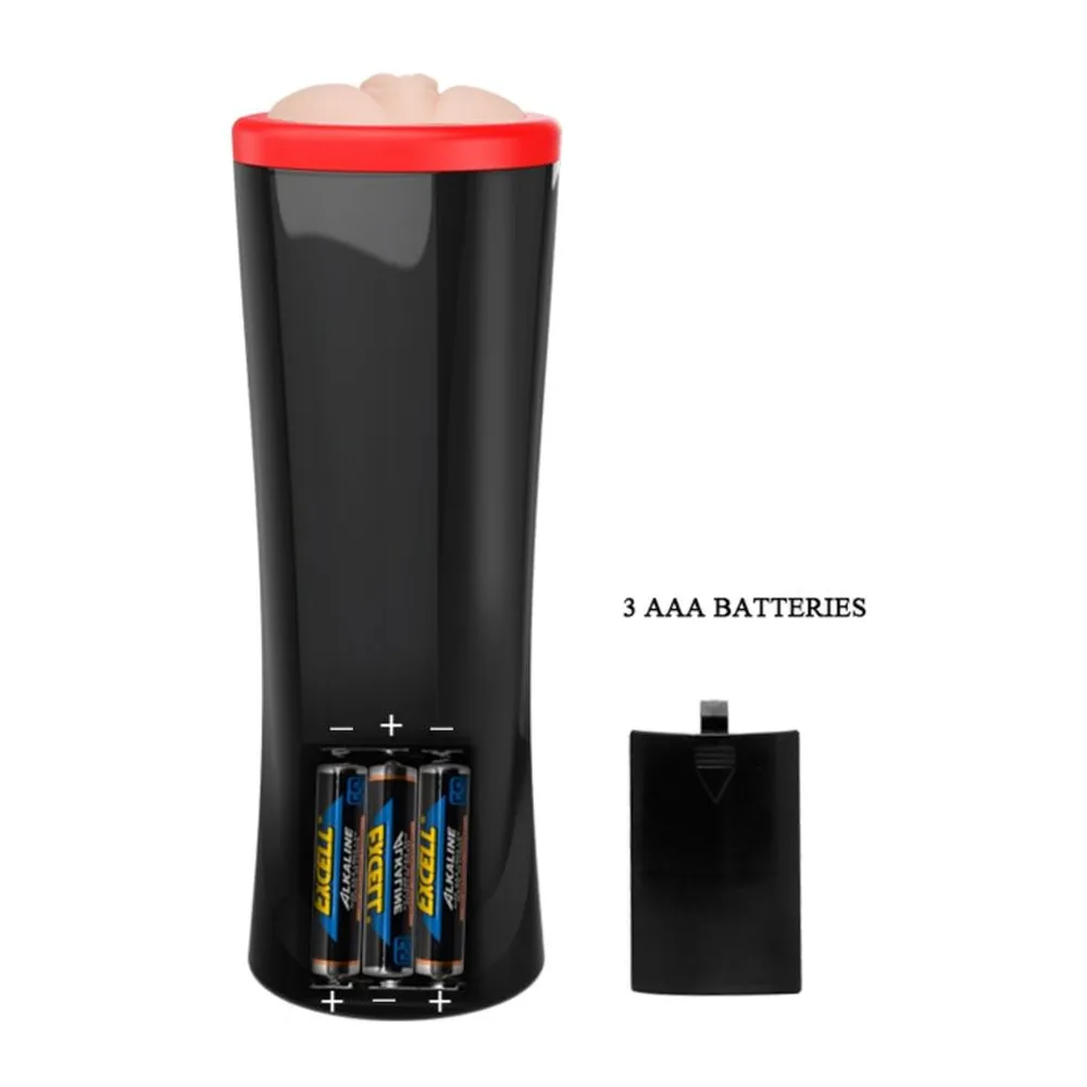 Masturbateur noir avec anneau de serrage rouge en haut, deux boutons de commande rouges en façade, logo de marque visible
