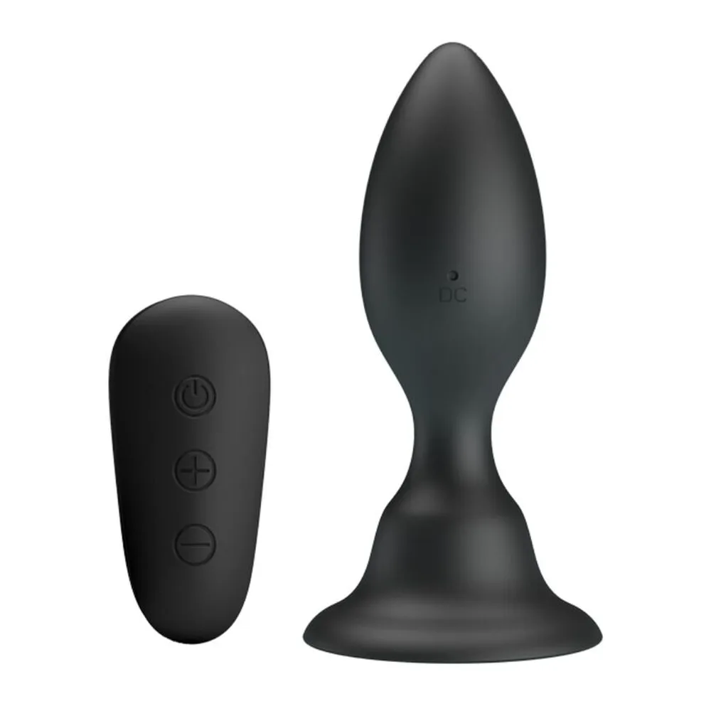 Schéma dimensionnel d'un plug anal noir en silicone avec ventouse, montrant trois vues : de face 34 mm de large et 108 mm de haut, vue de la télécommande 32 mm de large et 70 mm de haut, et profil de 20 mm d'épaisseur, avec base de 54 mm de diamètre