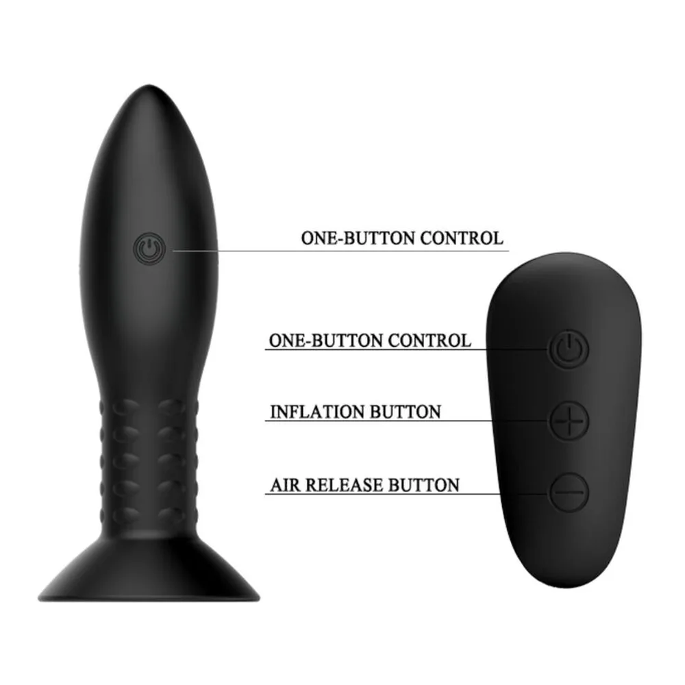 Plug anal noir avec base aplatie et zone texturée striée, accompagné d'une télécommande sans fil noire à trois boutons, schéma annoté des commandes d'inflation, déflation et contrôle