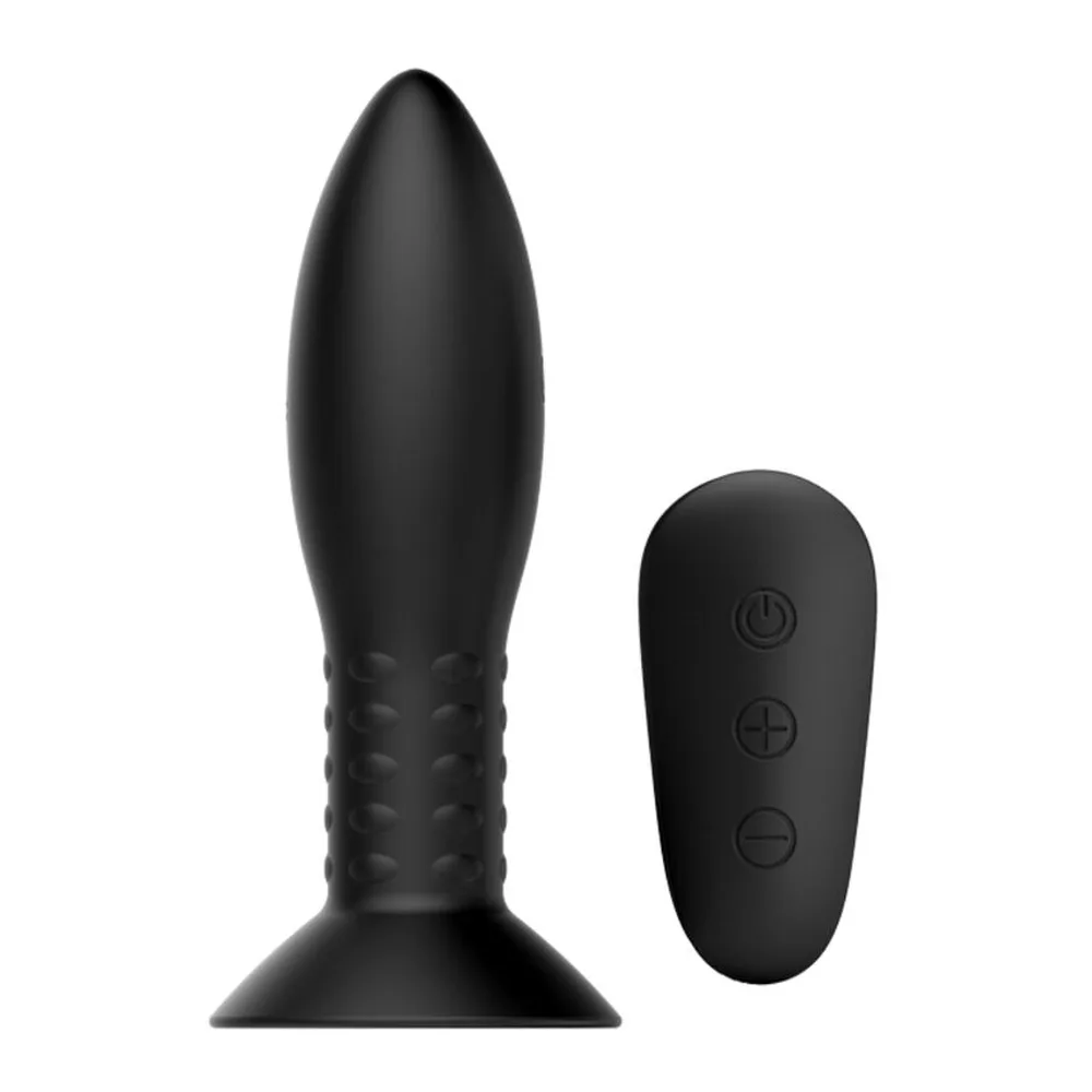 Plug anal noir avec base aplatie et zone texturée striée, accompagné d'une télécommande sans fil noire à trois boutons, schéma annoté des commandes d'inflation, déflation et contrôle