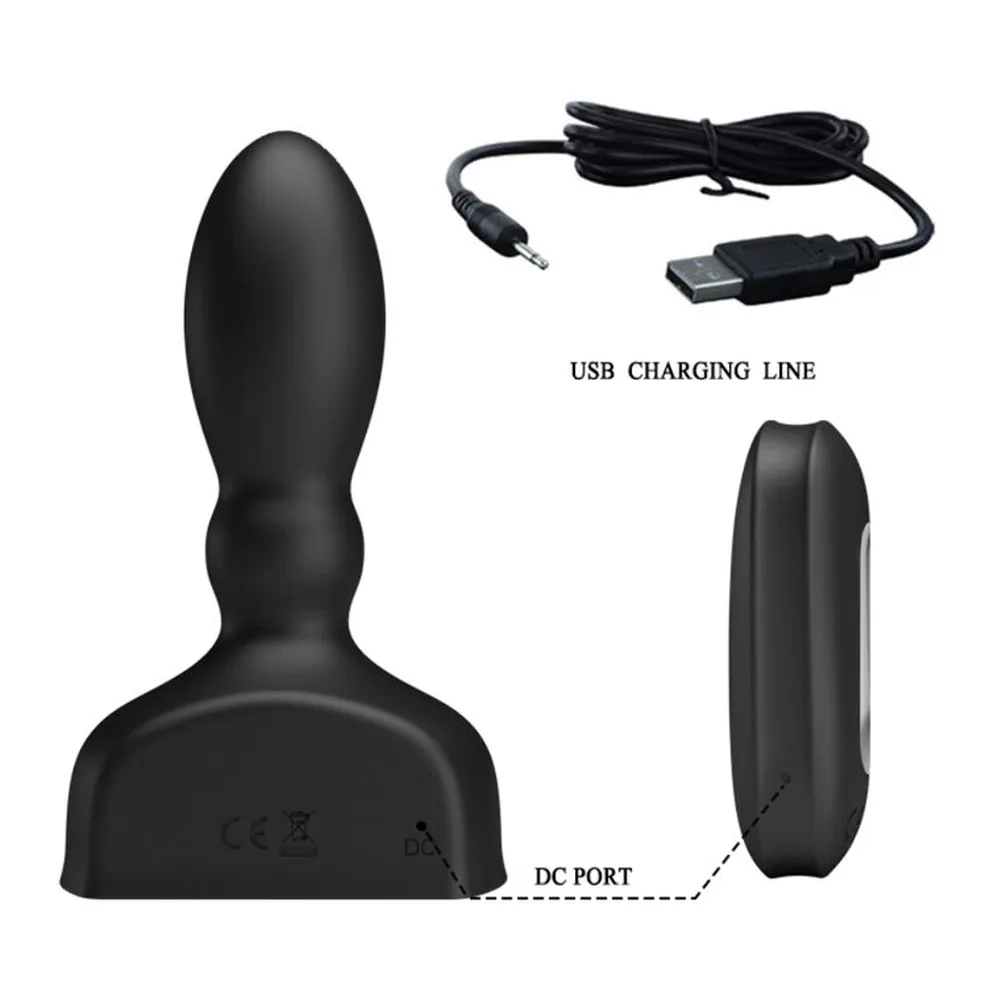 Plug anal gonflable noir avec base large, accompagné du câble de charge USB et de la télécommande sans fil, vue éclatée montrant les composants