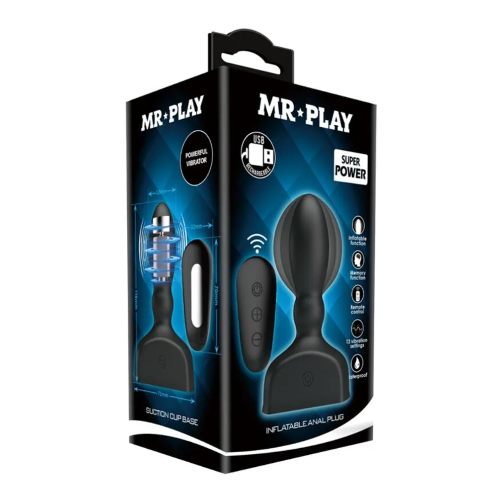 Plug anal gonflable noir avec base large, accompagné du câble de charge USB et de la télécommande sans fil, vue éclatée montrant les composants
