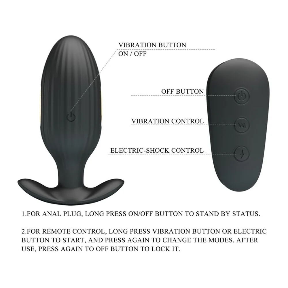 Vibrateur anal noir en silicone avec forme ergonomique, base large et surfacée, télécommande filaire à trois boutons avec indicateur lumineux rouge