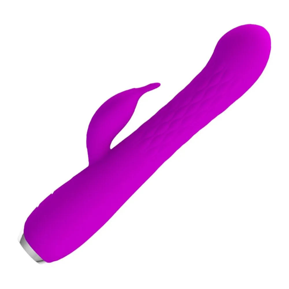 Vibrateur magenta allongé avec appendice latéral arrondi et base métallique argentée, tige lisse et tête effilée, deux traits de commande au bas du corps