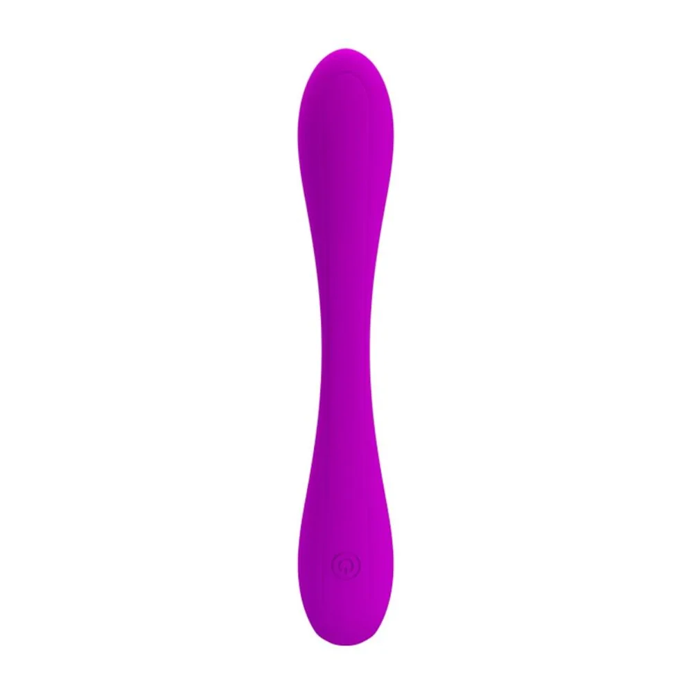 Vibromasseur Yedda en silicone violet, forme allongée avec extrémités renflées et section médiane amincie, sur fond blanc