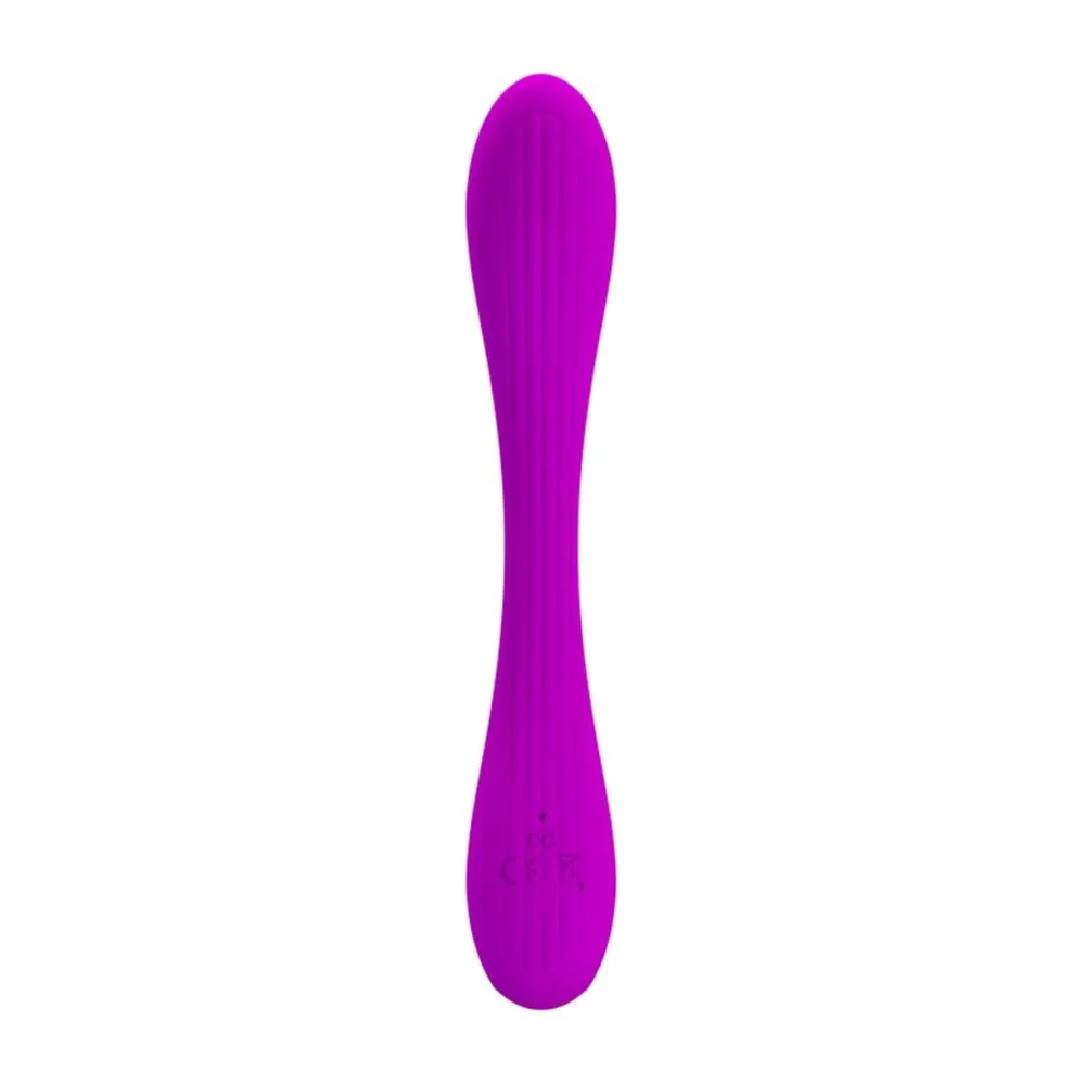 Vibromasseur Yedda en silicone violet, forme allongée avec extrémités renflées et section médiane amincie, sur fond blanc