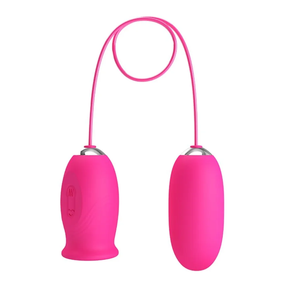 Ensemble de stimulation en silicone rose composé d'une boule avec détails bleus et de deux œufs ovales reliés par un cordon, avec éléments de texture illustrés