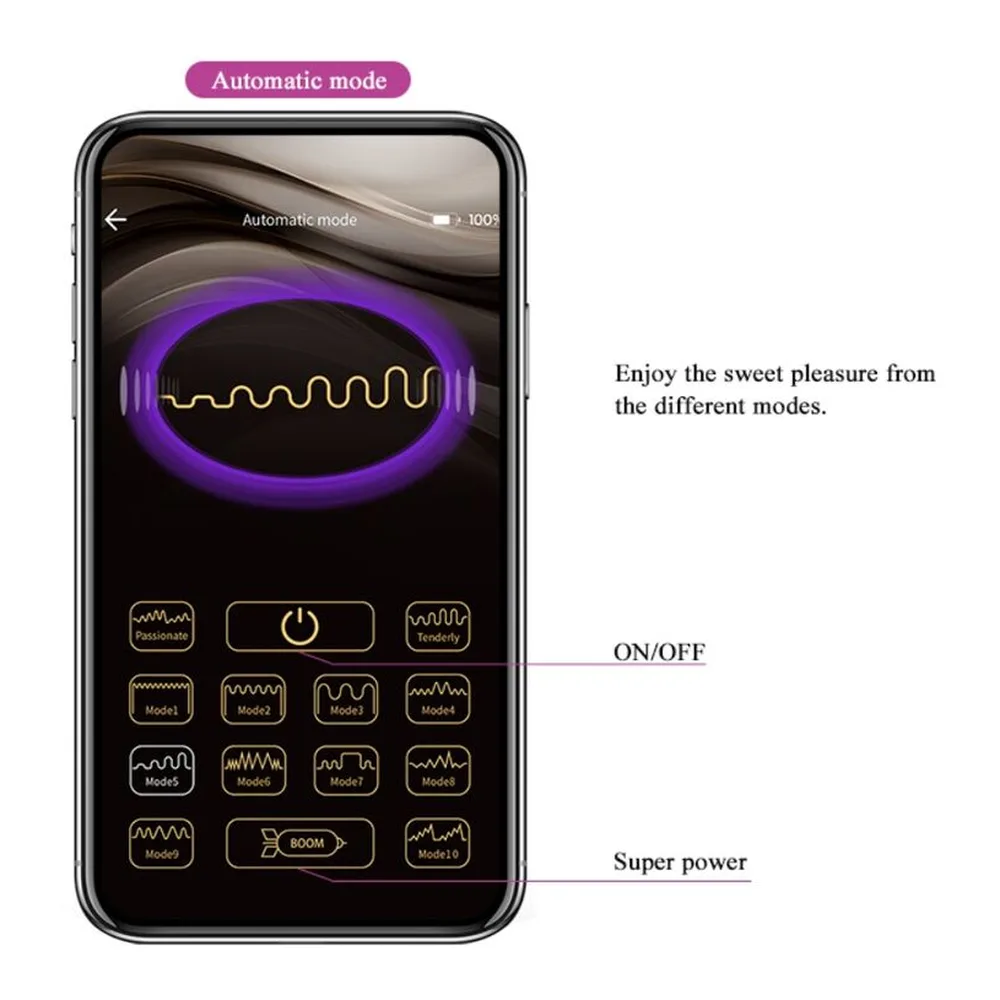 Démonstration sur écran de smartphone de l'application de contrôle en mode immersion, montrant des gestes tactiles et une courbe jaune sur fond noir pour piloter les boules vibrantes