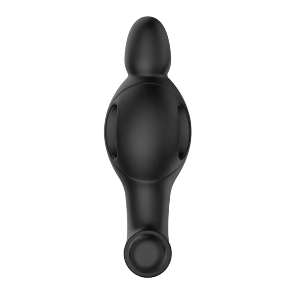 Plug anal en silicone noir avec zone bulbée centrale, poignée effilée et embout arrondi, orifices de ventilation visibles sur les côtés, fond blanc