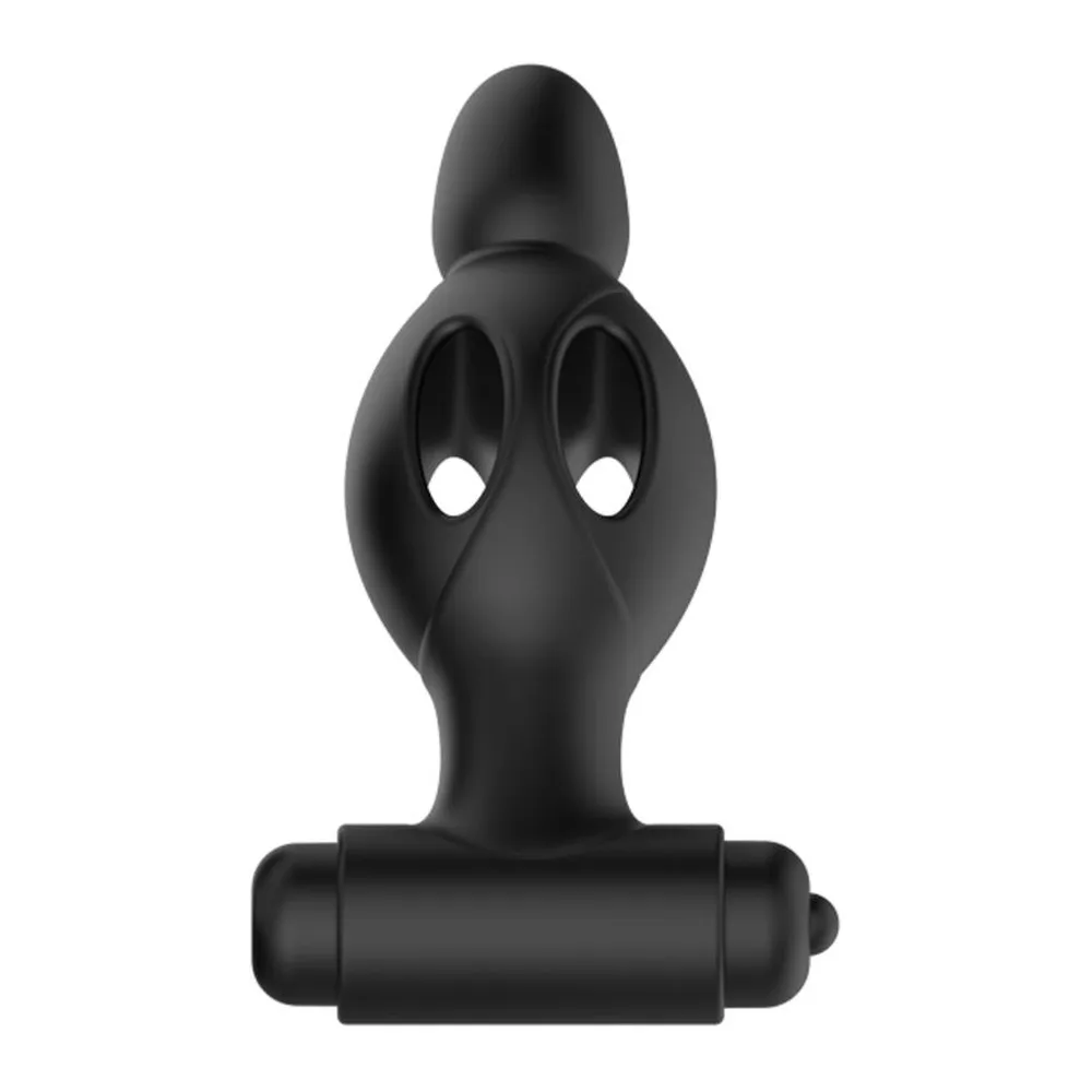 Plug anal en silicone noir avec zone bulbée centrale, poignée effilée et embout arrondi, orifices de ventilation visibles sur les côtés, fond blanc
