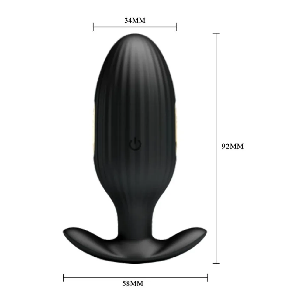 Schéma de dimensions d'un plug anal noir en silicone, forme ovoïde avec base évasée, 92mm de hauteur et 34mm de largeur maximale