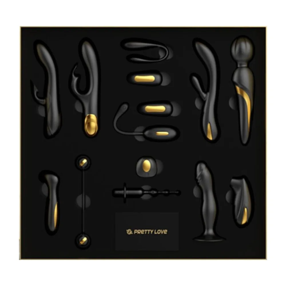 Coffret luxe ouvert montrant deux boîtes noires avec poignée rouge et garniture beige, contenant douze jouets en silicone assortis, télécommande et accessoires de recharge