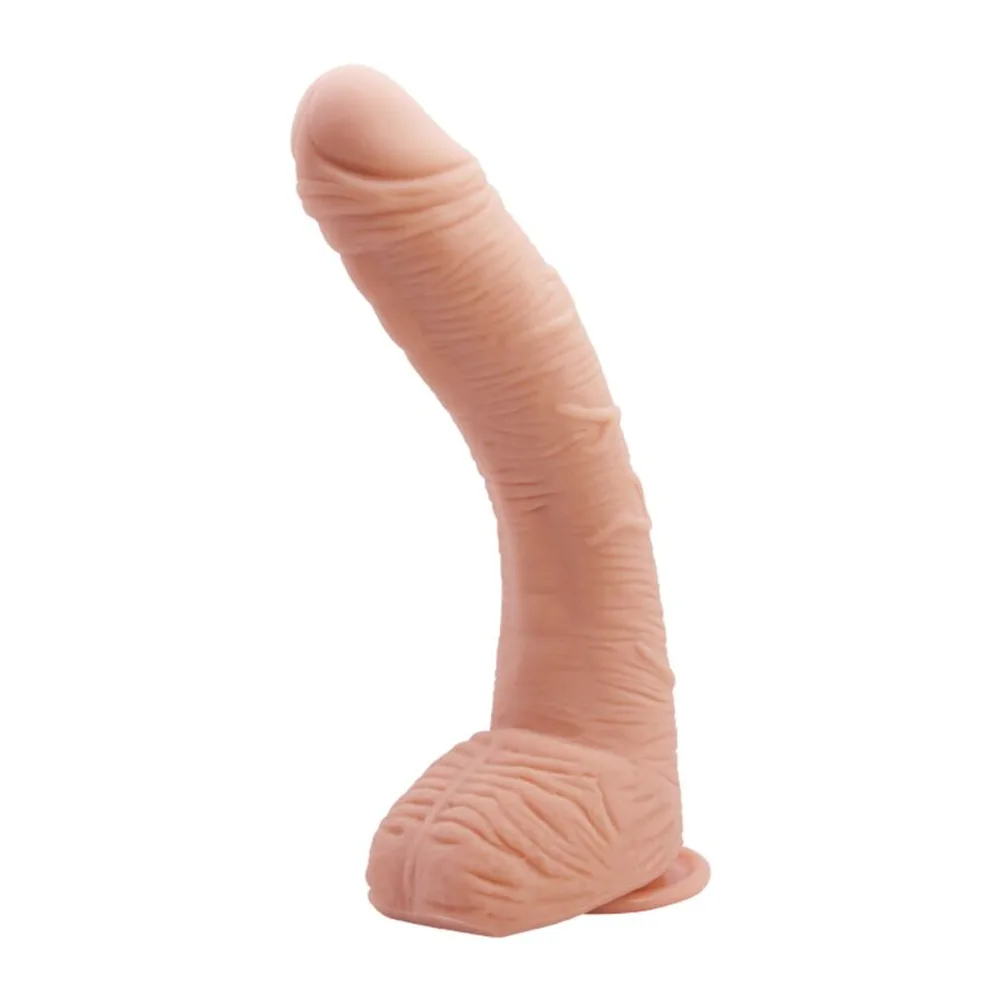Gode réaliste en silicone beige clair, forme anatomique avec tête arrondie, corps cylindrique strié et base modelée, sur fond blanc