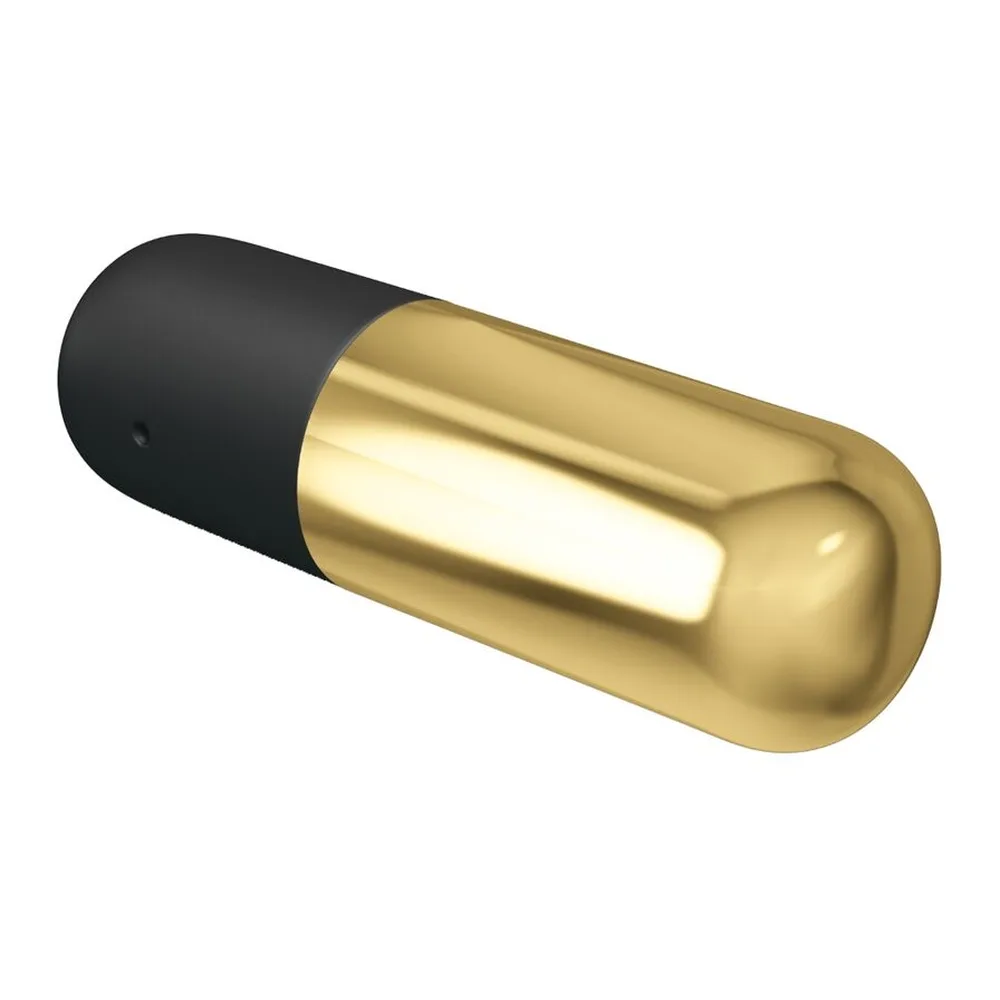 Bullet vibrant rechargeable en silicone, corps doré métallisé et embout noir, orifice de charge visible sur le côté, fond blanc