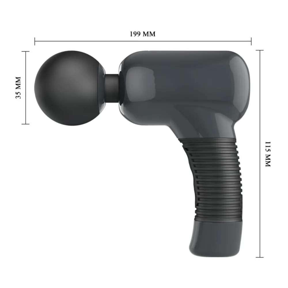 Masseur rechargeable en silicone gris anthracite avec tête boule et poignée cylindrique rainurée, accompagné de son câble USB et vue de sa base montrant le port de charge