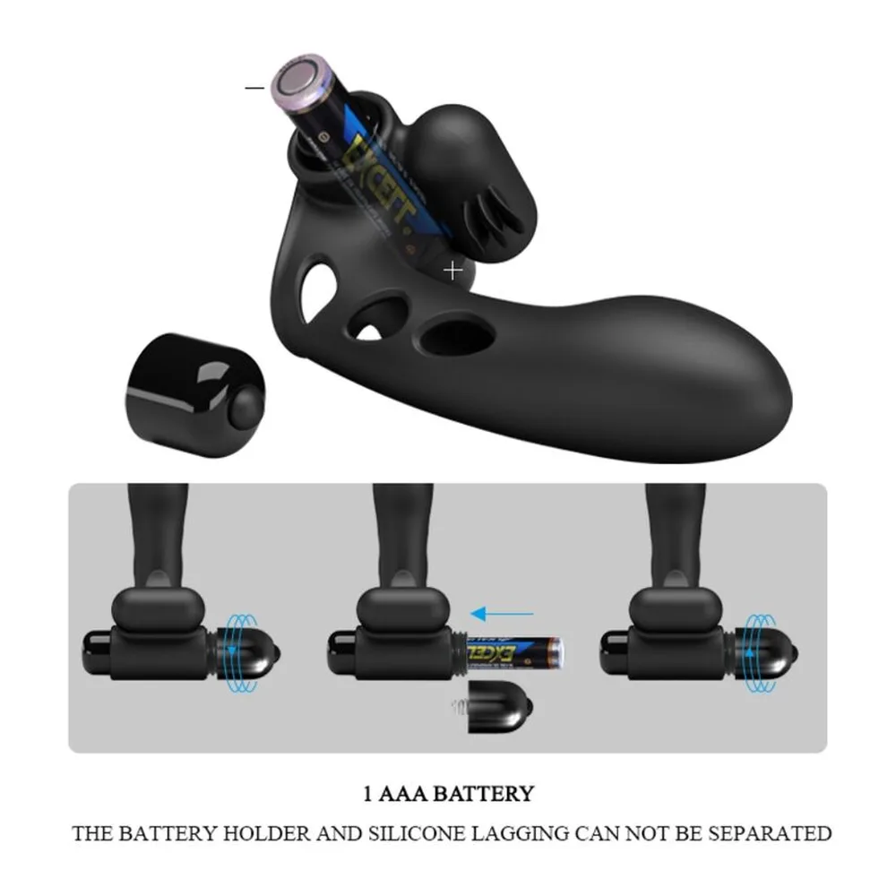 Mini-vibromasseur noir en silicone avec gaine pour deux doigts, forme élancée, et détail du bouton de vibration marque ON/OFF sur fond blanc