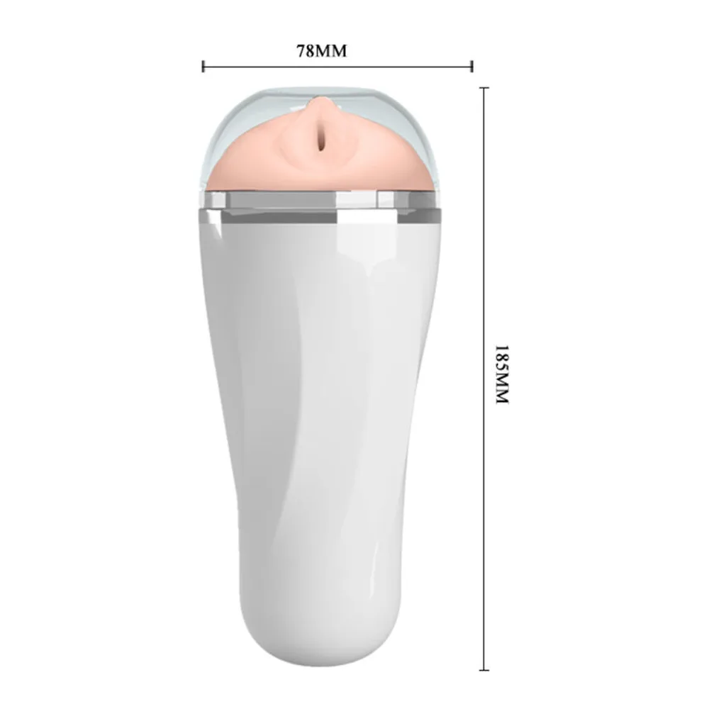 Schéma dimensionnel d'un masturbateur avec étui blanc rigide, gaine chair amovible et bande métallique, largeur 78 mm et hauteur 185 mm