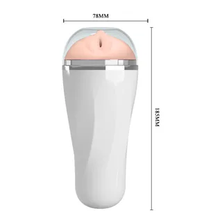 Schéma dimensionnel d'un masturbateur avec étui blanc rigide, gaine chair amovible et bande métallique, largeur 78 mm et hauteur 185 mm