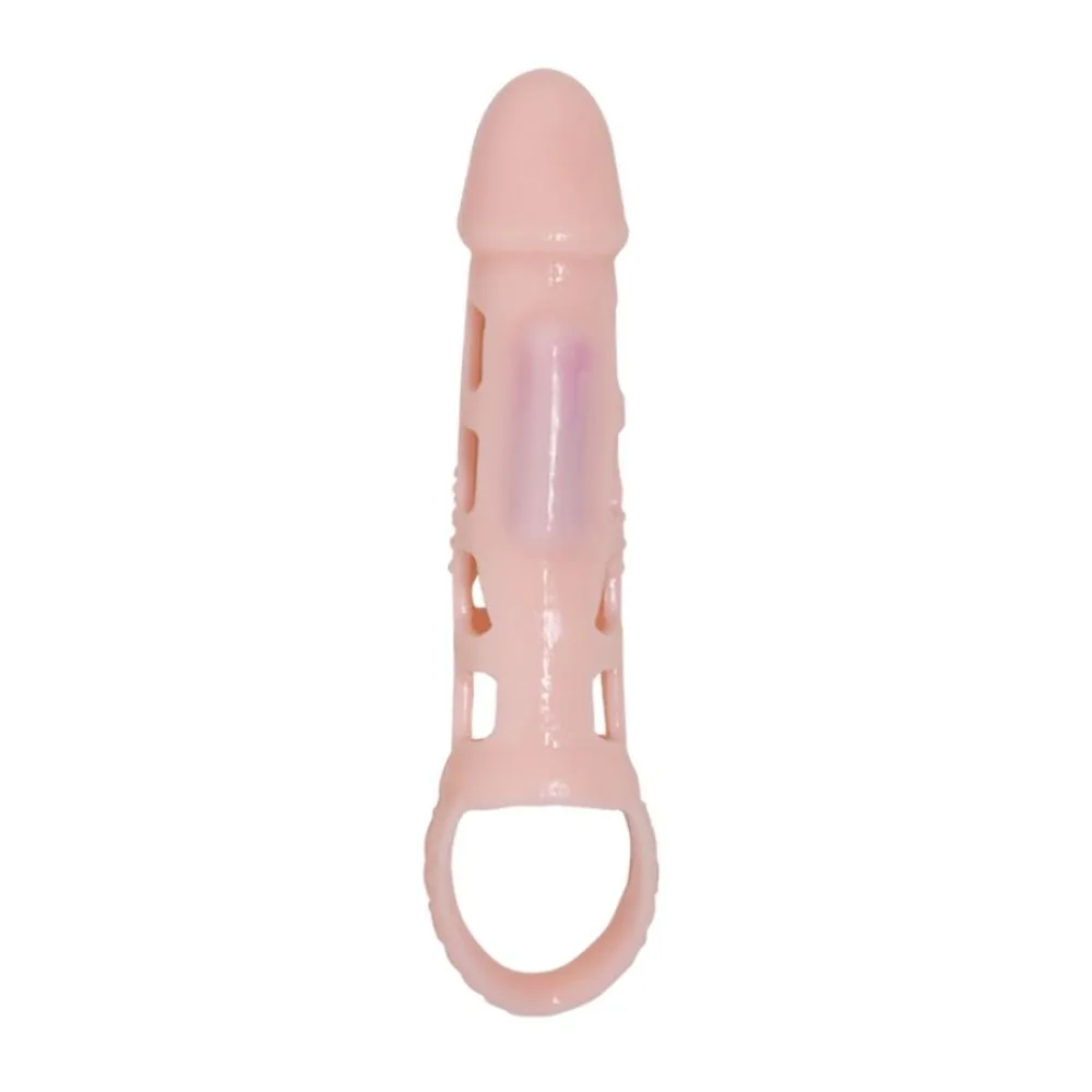 Housse d'extension en silicone rose pâle avec découpes ajourées rectangulaires sur toute la longueur, embout arrondi, sangle de maintien, vue de profil sur fond blanc