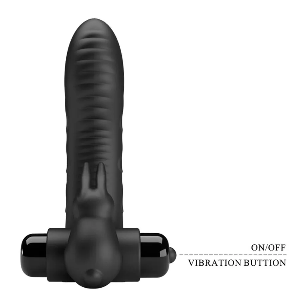 Schéma de dimensions d'un mini-vibromasseur noir en silicone de forme allongée avec tête arrondie, largeur 31 mm, hauteur 101 mm, percé de trous et équipé d'une base de positionnement