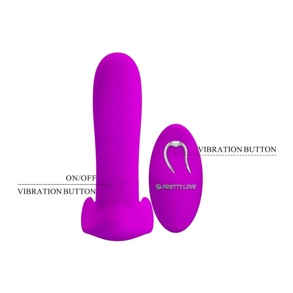 Vibromasseur ergonomique en silicone magenta avec base large, accompagné d'une télécommande ovale magenta sans fil dotée d'un bouton de commande, sur fond blanc