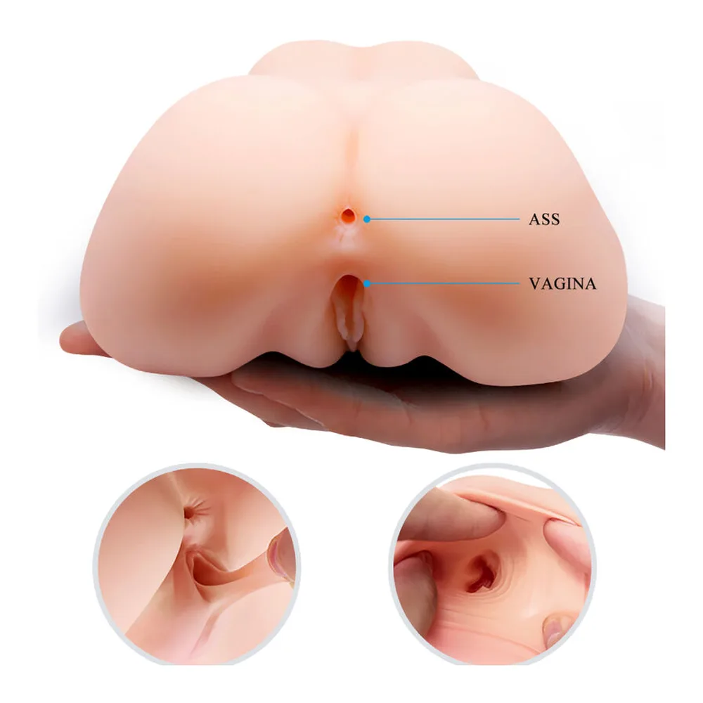 Masturbateur double en silicone chair avec deux entrées réalistes, présenté dans une main avec schémas d'anatomie légendés et détails en gros plan
