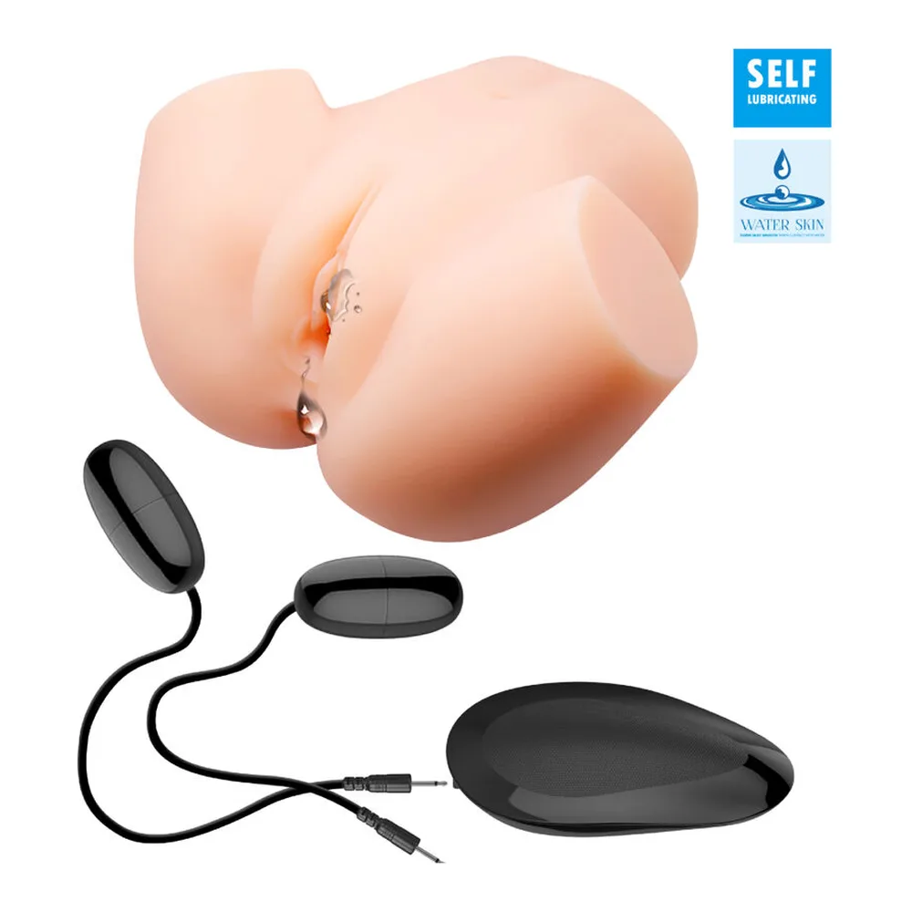 Masturbateur double en silicone chair avec deux entrées réalistes, présenté dans une main avec schémas d'anatomie légendés et détails en gros plan