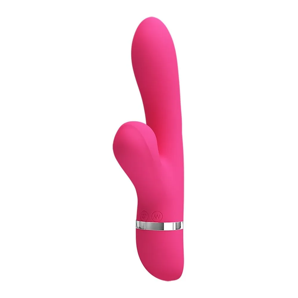 Vibrateur rabbit rose fuchsia en silicone avec branche de stimulation latérale, anneau métallique argenté à la base, fond blanc