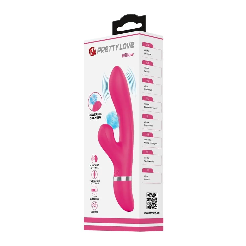 Vibrateur rabbit rose fuchsia en silicone avec branche de stimulation latérale, anneau métallique argenté à la base, fond blanc