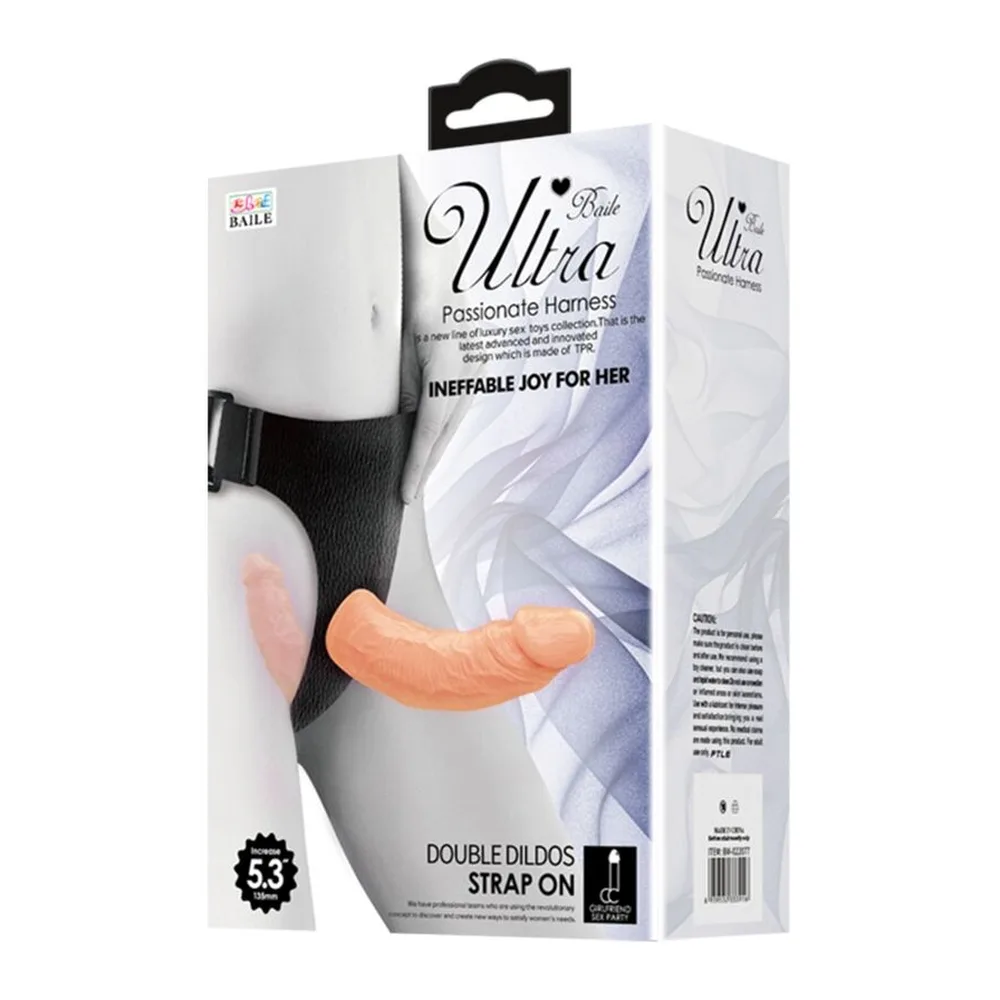 Double gode en silicone chair avec harnais noir à cordons réglables et boucles de fixation