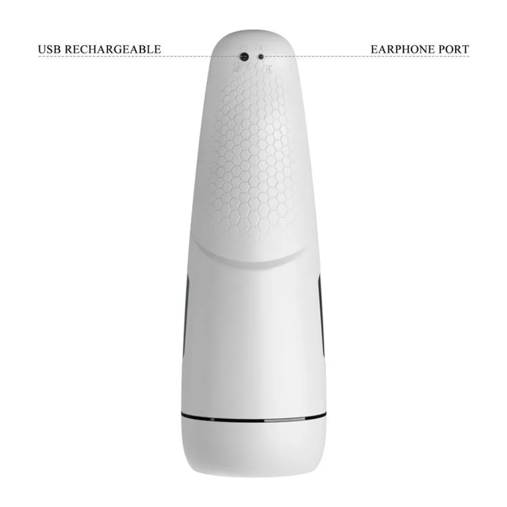 Masturbateur blanc en forme allongée avec contrôles tactiles, affichant fonctions de chauffage, vibration 12 niveaux, flickering 7 niveaux et commande marche/arrêt