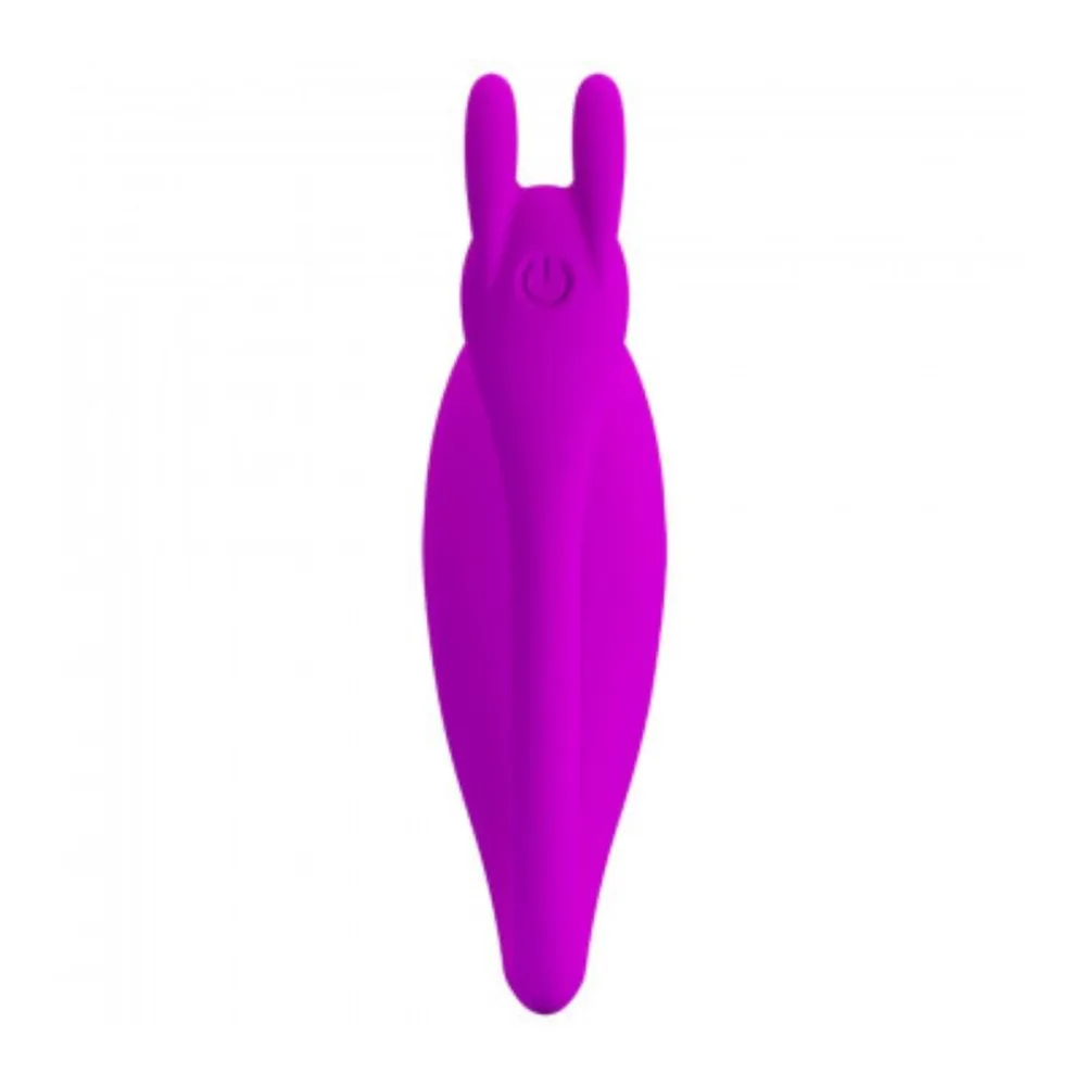 Vibromasseur en silicone magenta, forme allongée avec deux branches arrondies en haut, corps lisse et effilé, fond blanc