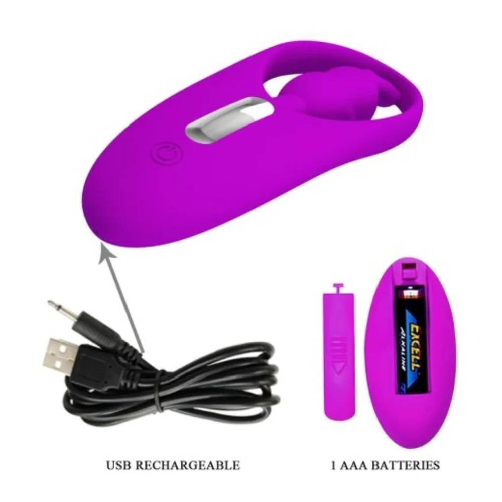 Stimulateur rabbit violet avec oreilles, corps plat et étroit, fenêtre translucide au centre. Télécommande ovale assortie avec bouton ON/OFF et logo Pretty Love, reliée par symbole de connexion sans fil