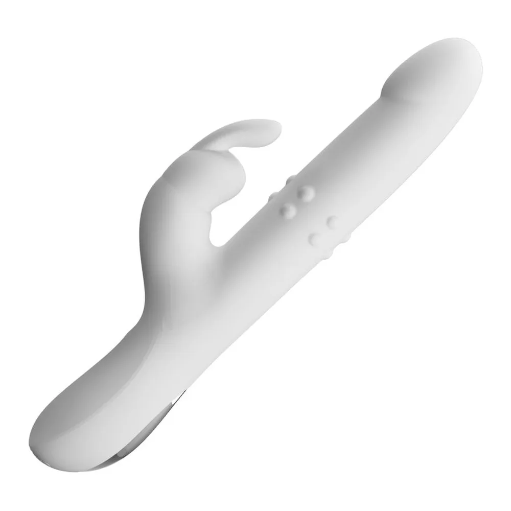 Vibromasseur blanc en silicone avec deux branches courbées et perles rotatives visibles en schéma technique circulaire montrant le mécanisme interne