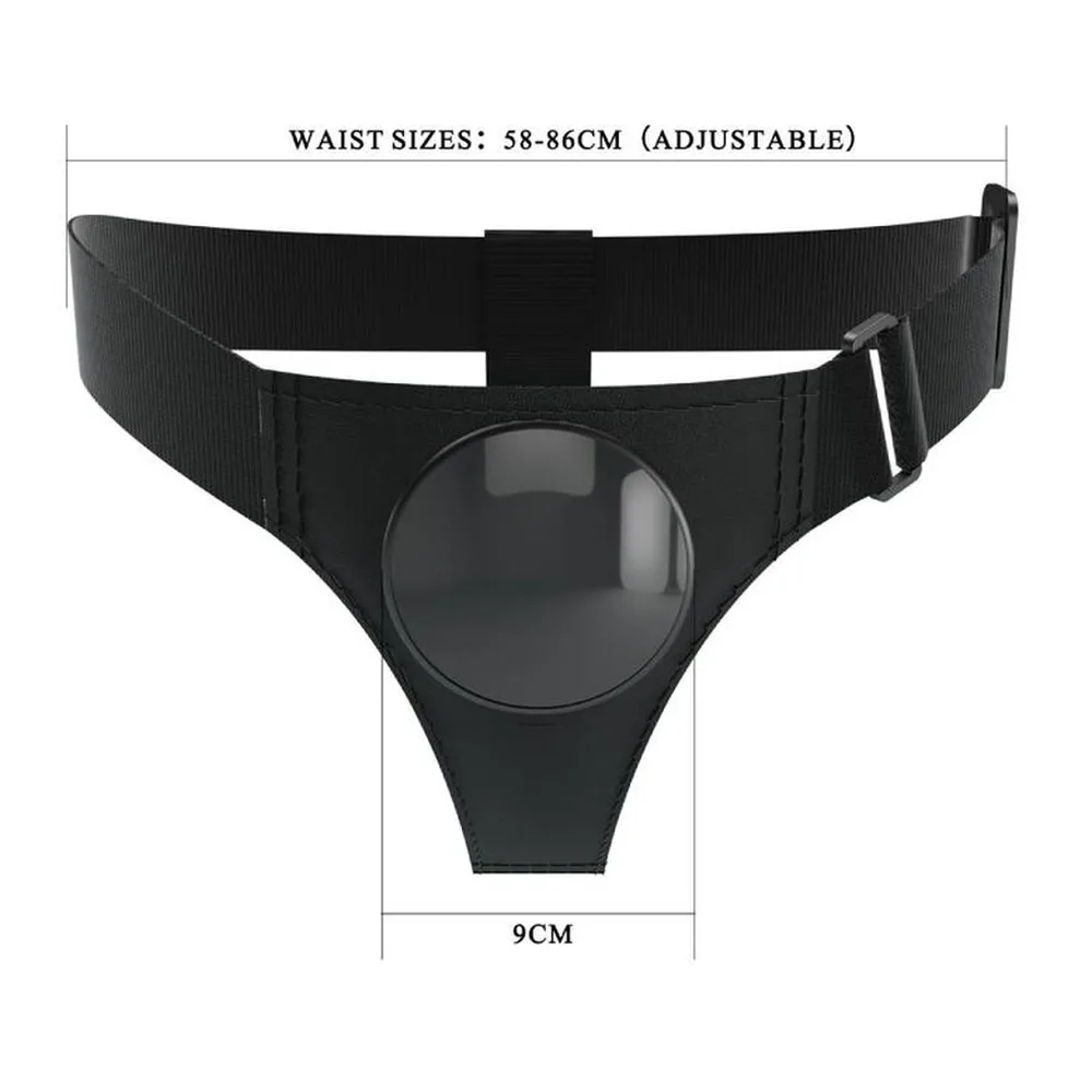 Harnais-slip noir en tissu extensible avec anneau de maintien circulaire et sangle ajustable, vue de trois-quarts sur fond blanc