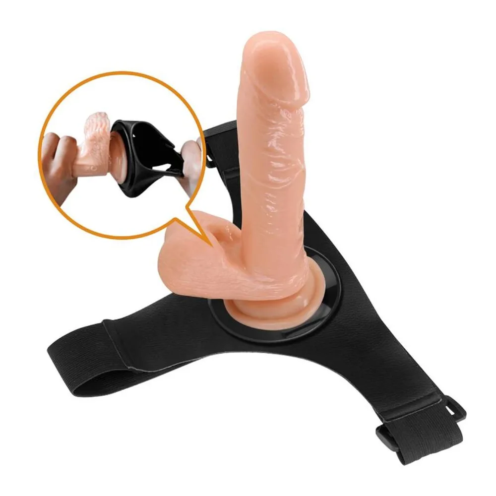 Harnais universel noir avec sangle réglable et boucle, compatible avec différentes bases de succion, montré avec gode réaliste chair sur mannequin, schéma d'adaptation en incrustation