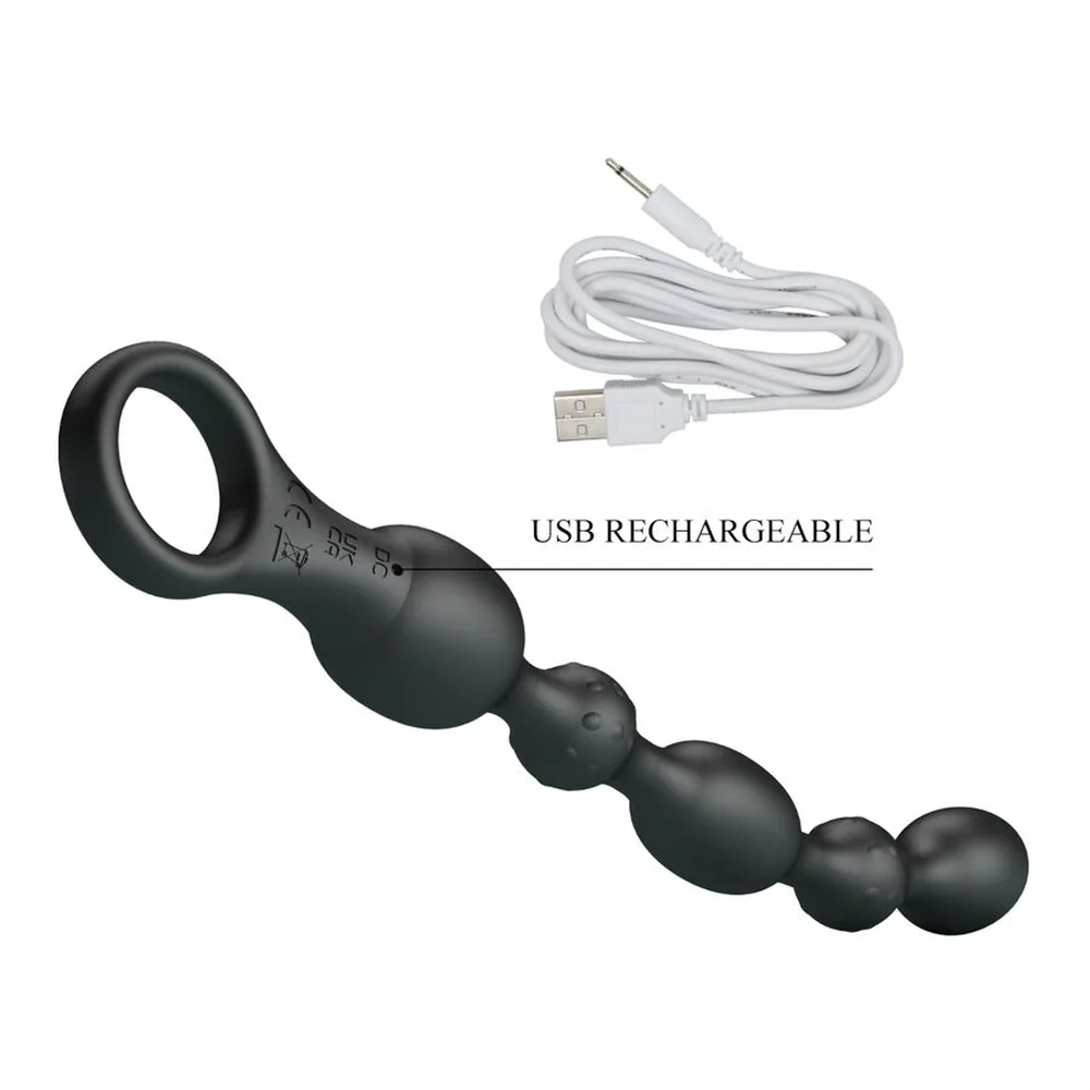 Emballage du produit Pretty Love affichant des perles anales noires en silicone avec anneau de retrait, vibrantes, sur fond blanc et beige