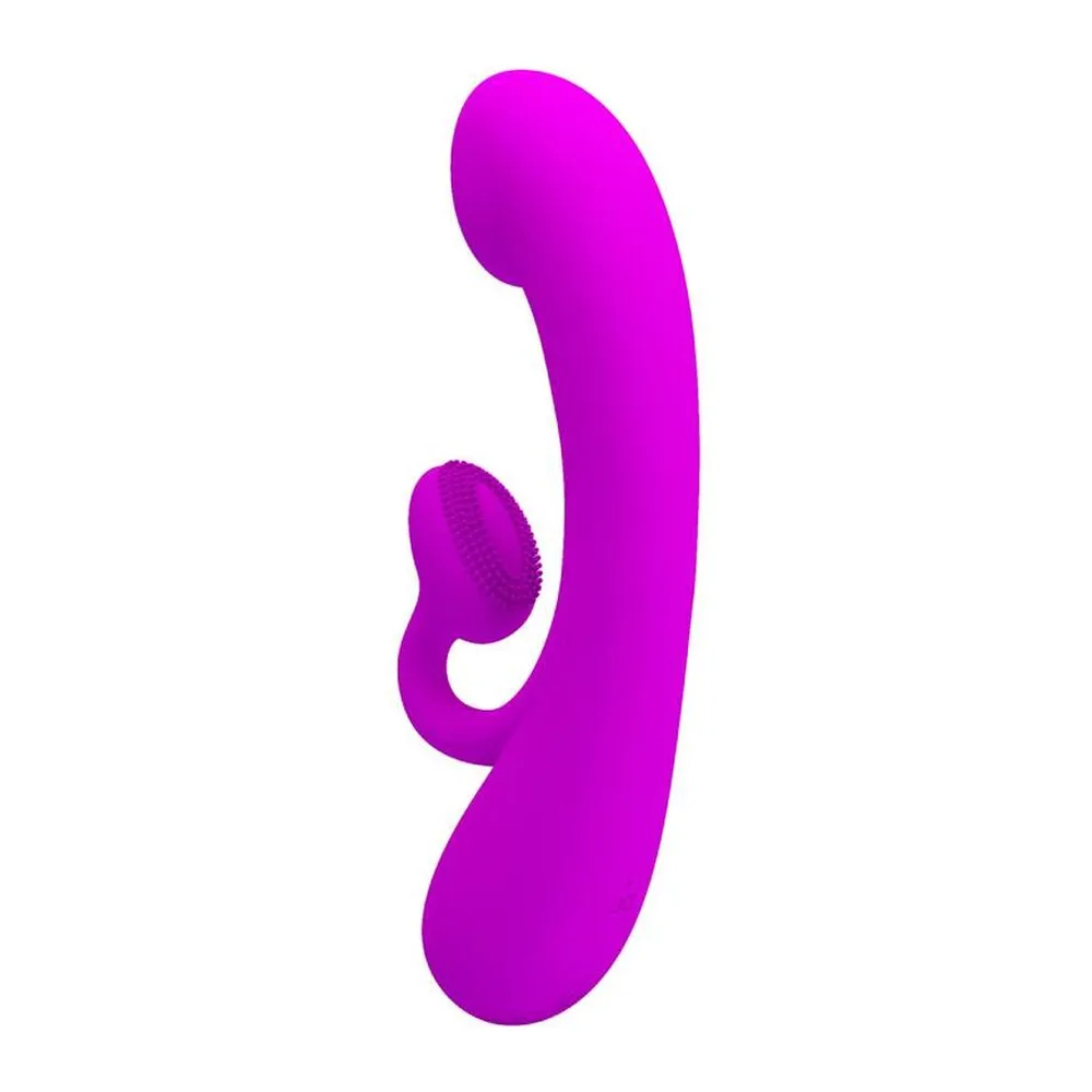Stimulateur clitoridien en silicone rose magenta avec tête arrondie et bras externe évasé, sur fond blanc