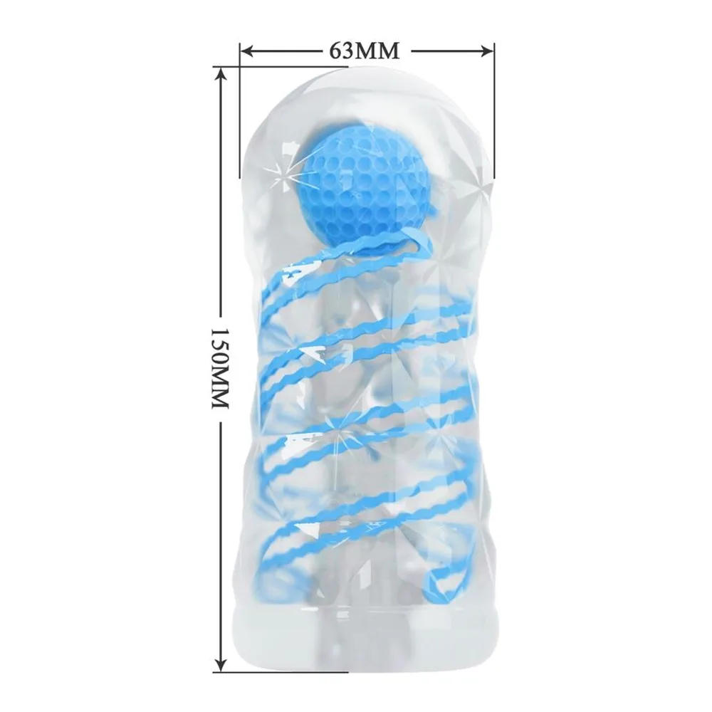 Masturbateur masculin transparent avec spirales magenta et bille de stimulation rose à l'extrémité, sur fond blanc